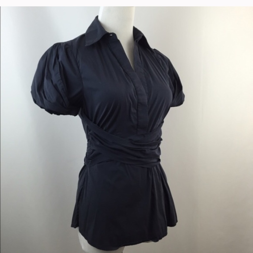 Purple BCBGMaxazria wrap shirt with puff sleeves